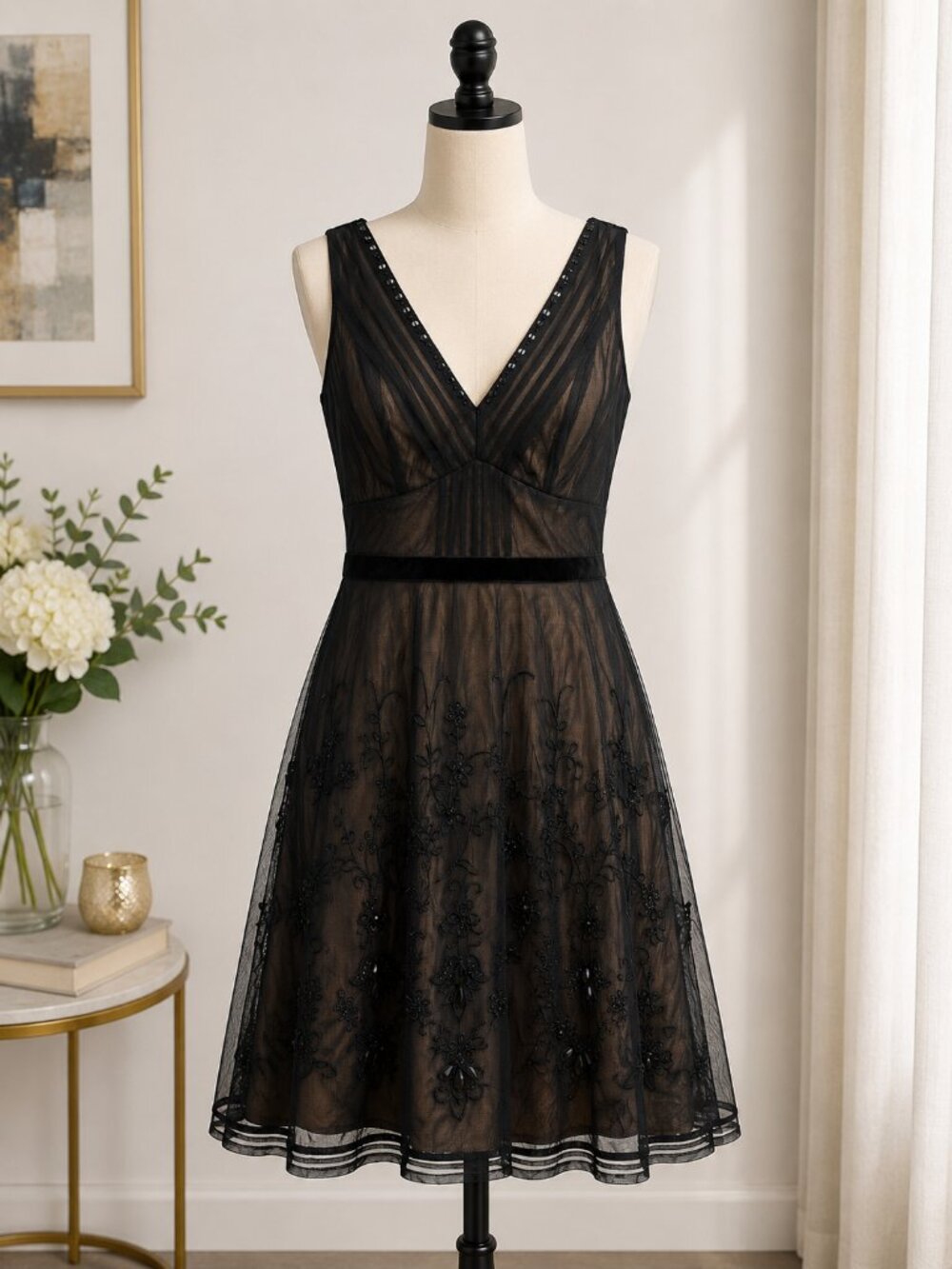 LOFT Petites Black Embellished Mesh Sleeveless Dress Size 0P